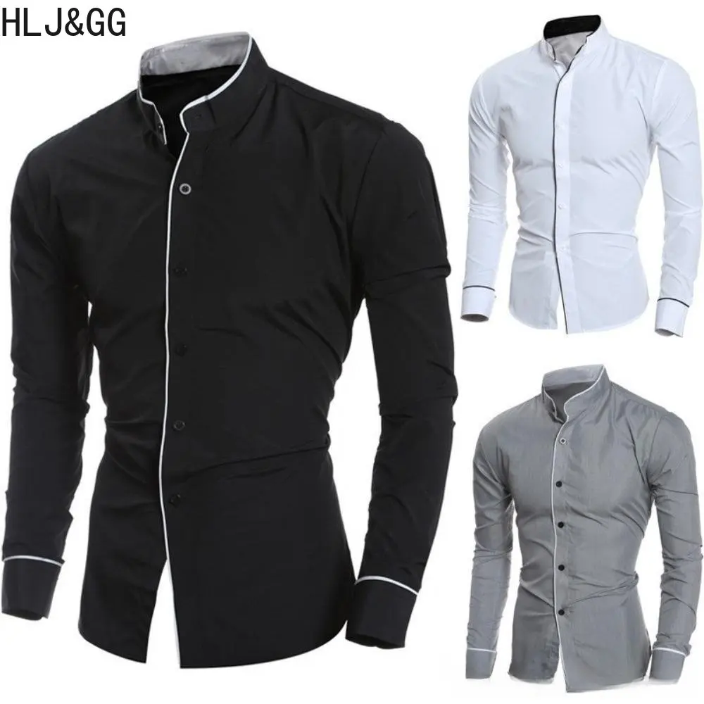 

HLJ&GG Classic Man's Solid Color Shirts Korean Style Slim Long Sleeve Shirt for Male Business Social Dress Shirts Mens Clothing