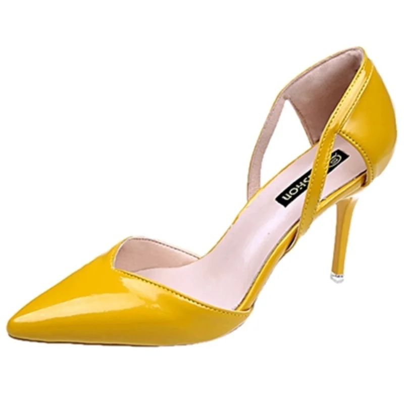 

Sapatos Femininas Women Cute Pointed Toe Yellow Pu Leather Slip On Stiletto Heels Lady Casual Black Office Heel Shoes E6675