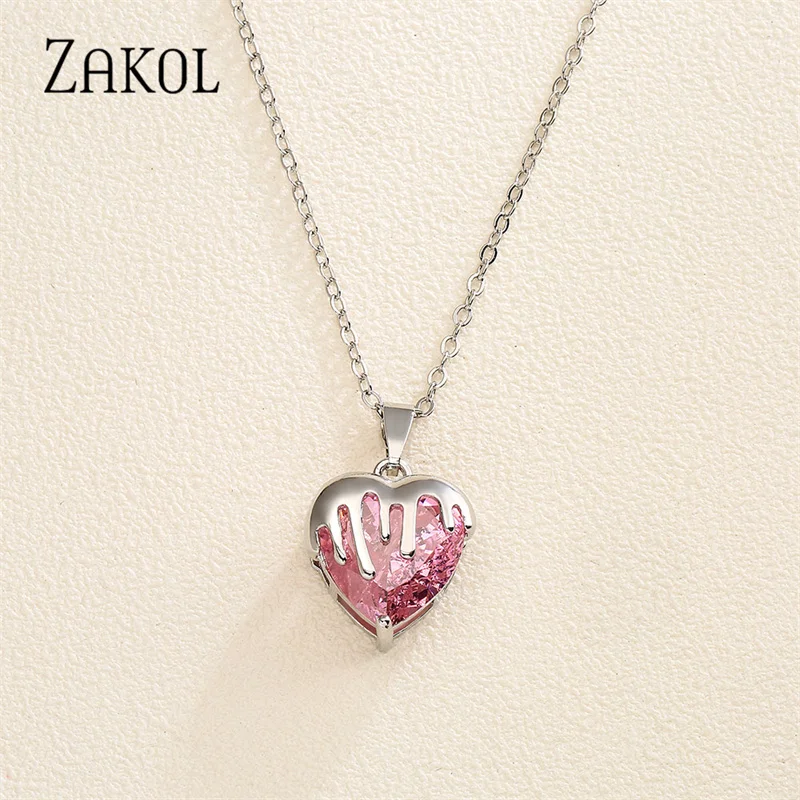 

ZAKOL Brand Lava Design New Fashion Korea Red Heart Cubic Zircon Pendant Necklaces for Women Girls Trendy Party Jewelry