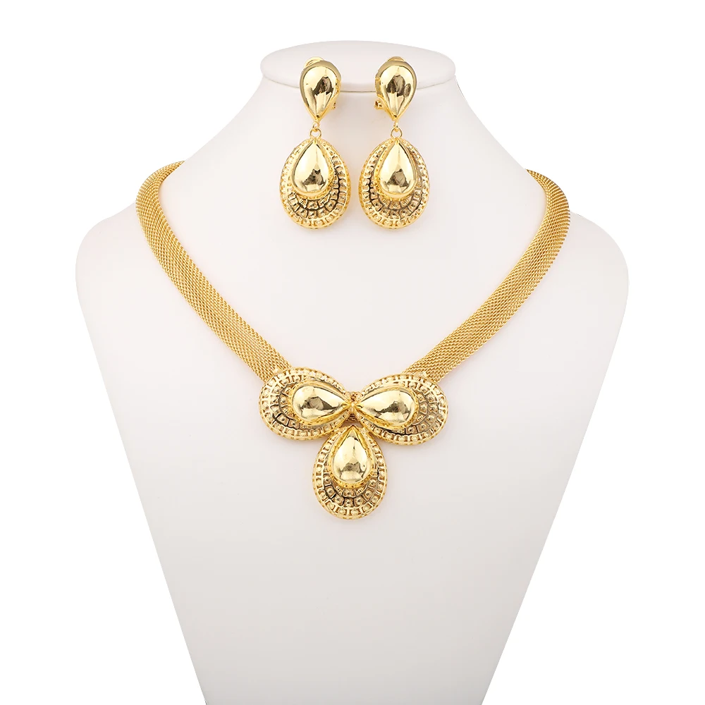 

Fashion Flower Shape Necklace Ring Set Elegant Women's Sets Gold Color Earrings For Women Africa New Design