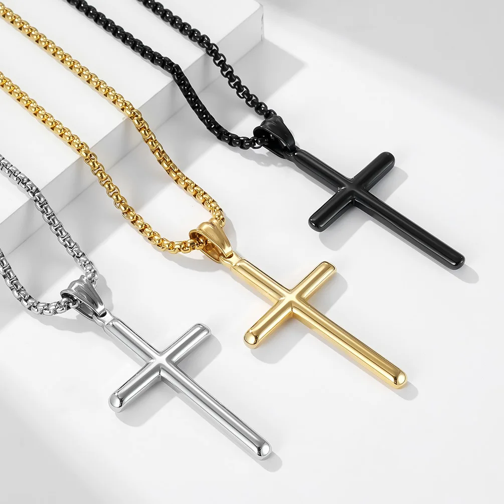 

Simple Cross Pendant Men's Necklaces Stainless Steel Chain with 24Inch Christian Religious Jewelry