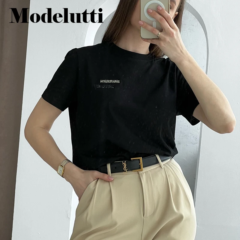 

Новая летняя модная облегающая футболка Modelutti с круглым вырезом и инкрустированными короткими рукавами, Женские однотонные Простые повседневные топы для женщин, 2022