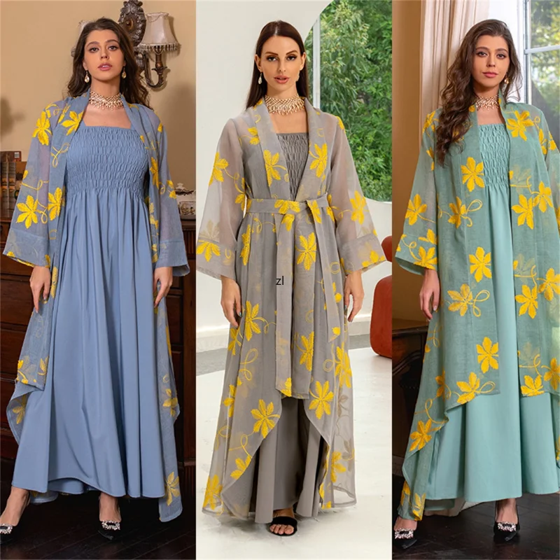 Elegant Casual Women's Dresses Abayas For Women Muslim 2 Pieces Set Mesh Floral Embroidery Lace Belted Kaftan Dress Moroccan