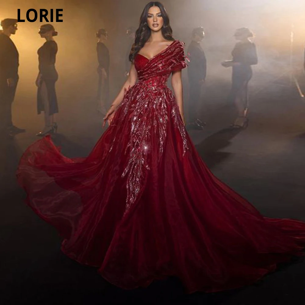 

LORIE Elegant Long Burgundy Ball Gown Women Prom Dresses Sequin Shiny Tulle Sleeves Formal Evening Party Gowns Vestido De Noche