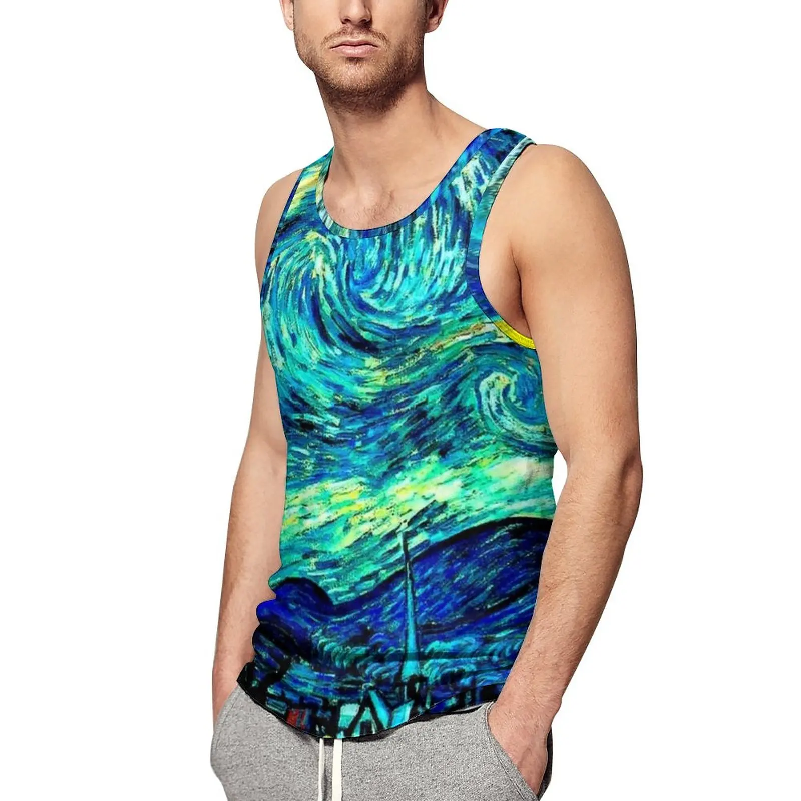

Mountains Famous Painting Tank Top Starry Night Vincent Van Gogh Cool Tops Summer Training Man Print Sleeveless Shirts Big Size