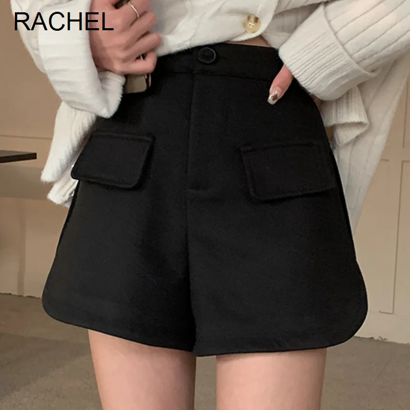 Модные черные твидовые шорты женская зимняя одежда с высокой талией тонкие