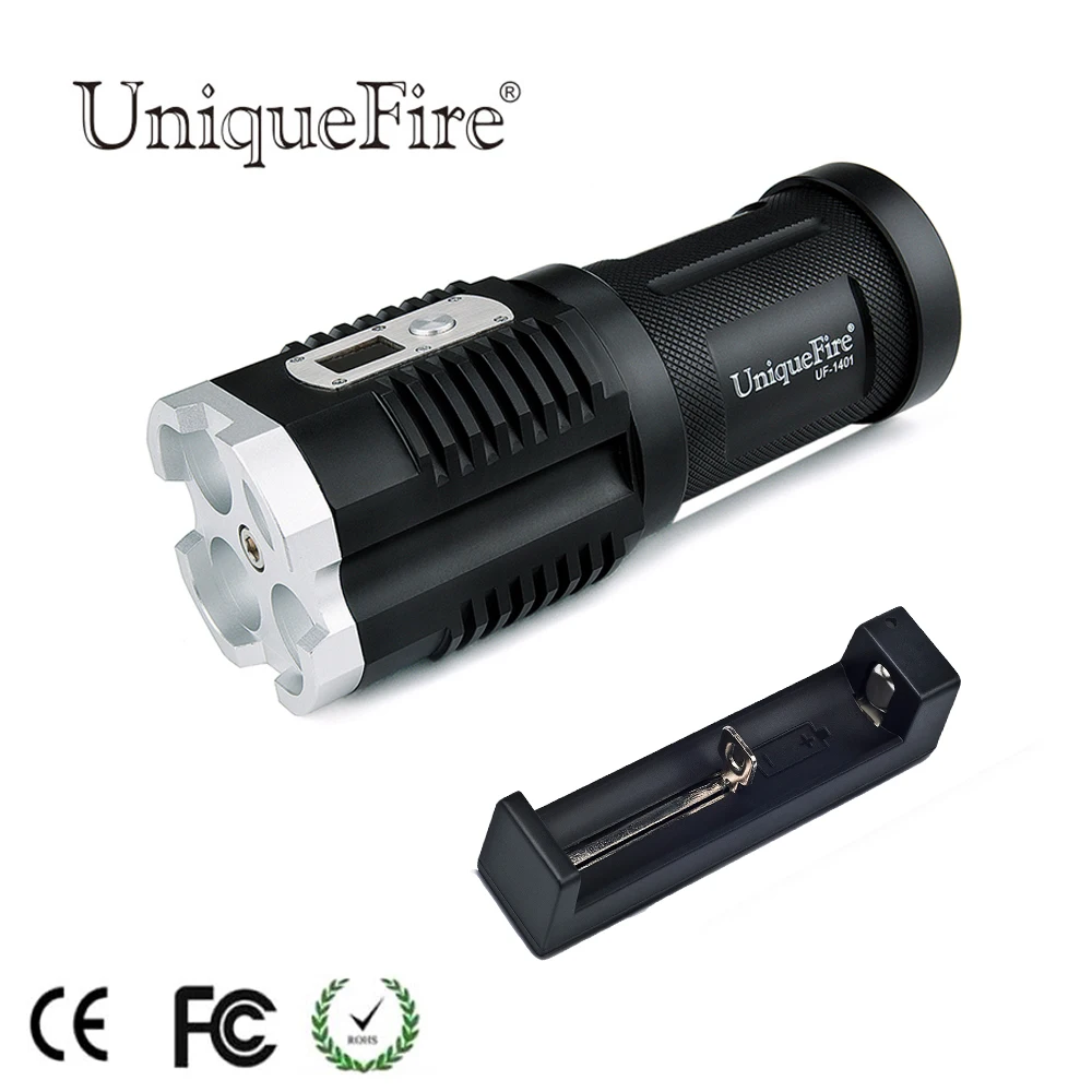 UniqueFire 1401 XM-L2 Powerful Flashlight  4*LEDs 4000LM 5 Modes Digital Display Strong Torch Light+Charger For Camping