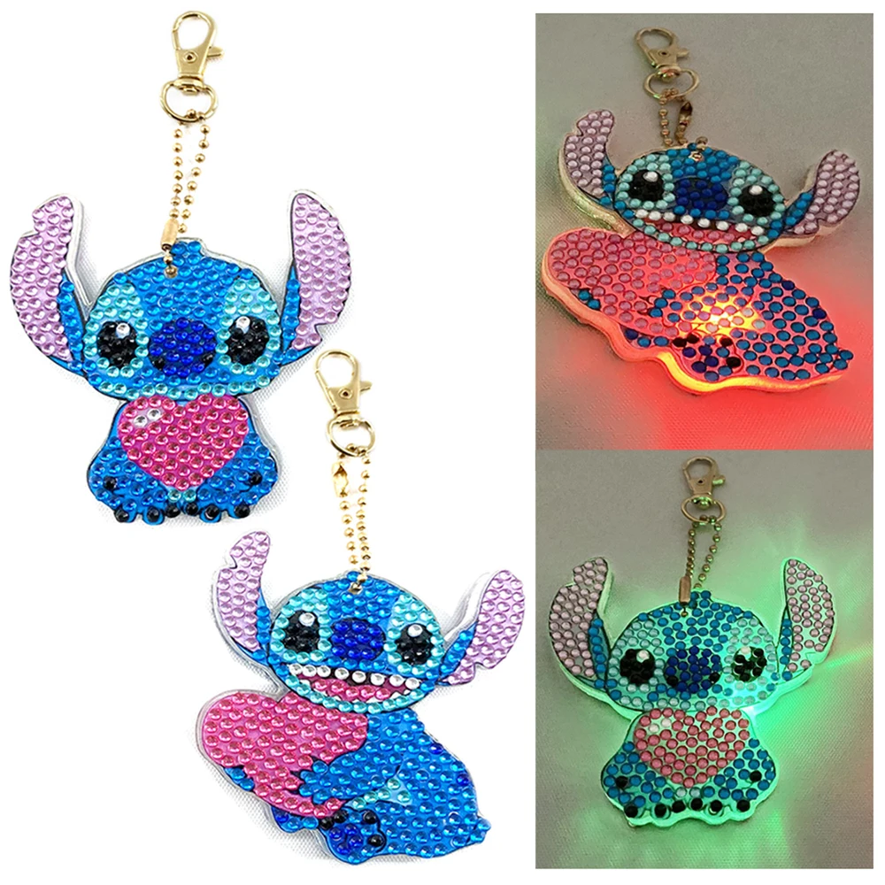 

2Pcs Disney DIY Diamond Painting Luminous Keychain Stitch Mickey Mouse Donald Duck Rhinestone Embroidery Keyring with Lamp Gift