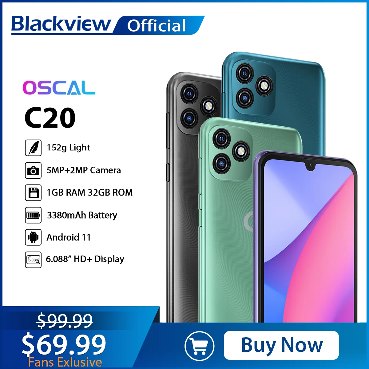 

BLACKVIEW OSCAL C20 Smartphone 1GB+32GB 6.088" Cellphone 3380mAh Dual Camera Android 11 3G Mobile Phone Face Unlock Celular