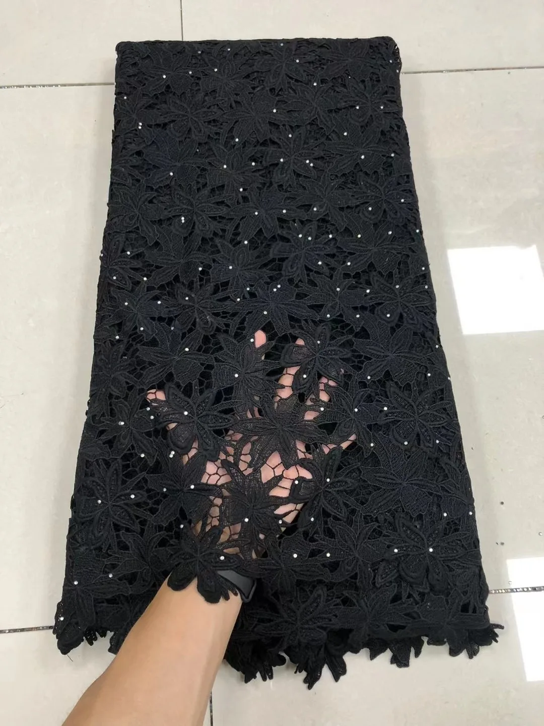 

2022 Africa New Arrival Black Punch Cord Stones Lace Swiss High Quality Guipure 5 Yards Fabric For Bride Wedding Party Dress Sew