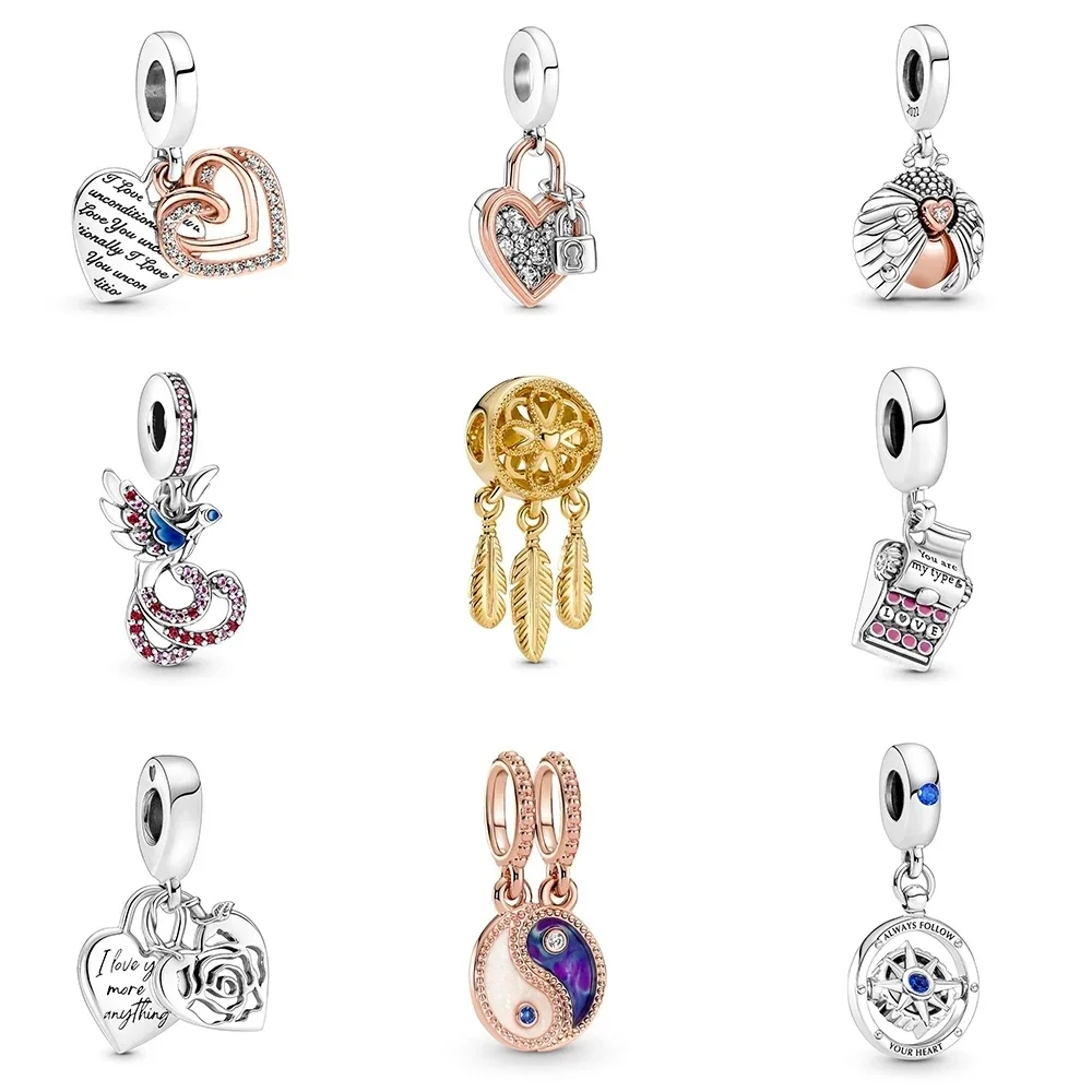 

NEW 925 Sterling Silver pan Typewriter Dangle Charm Splittable Sparkling Heart Padlock Double Dangle Charm Fit Bracelet
