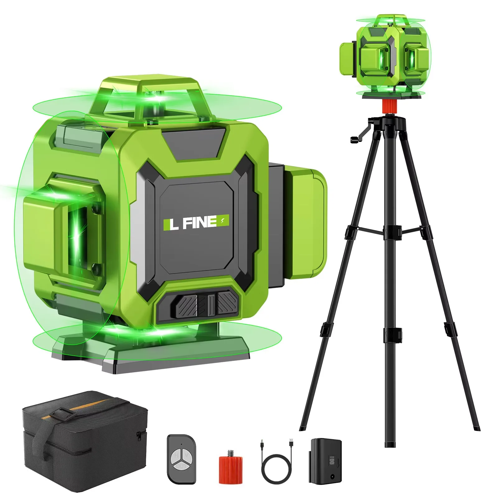 Фото Лазерный уровень Lfine 4D, 16 линий, с штативом 39,37 дюйма (1 м), горизонтальный, вертикальный, зеленый, 360° °   Самовыравнивающийся профессиональный лазер Nivel №1