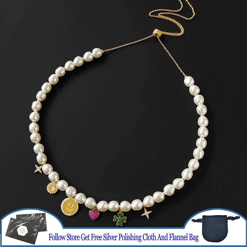 

Love Smiley Face Pearl Lucky Charm Necklace S925 Sterling Silver Tetraphyllum Collarbone Chain Women Sweet Fashion Noble Jewelry