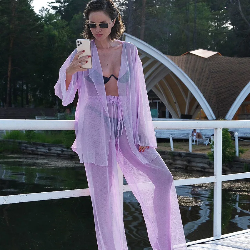 

Summer 2Pcs Women Tulle Beachwear Solid Color Sheer Long Sleeves Cardigan + Long Pants Cover-Ups Set For Ladies Hot S M L