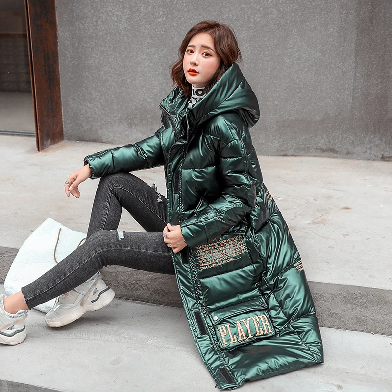 Casual Stand Collar Overcoat with Zipper Women Hooded Shiny Coats Letter Printing Winter Long Jackets Female Down Cotton Parkas