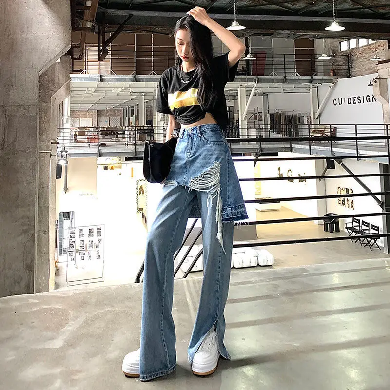 

New Arrival Spring Autumn Women Casual Cotton Denim Full Length Pants Split Design Button Fly Waist Loose Boot Cut Jeans P451