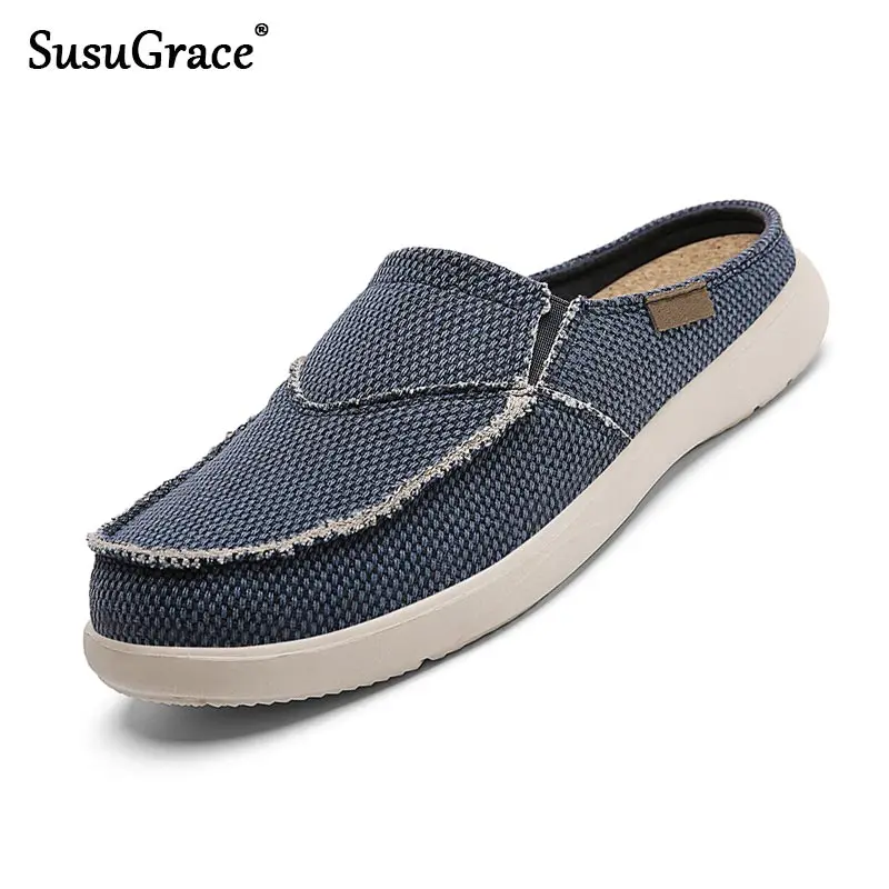 

Susugrace Casual Men Canvas Shoes Big Size 47 Summer Lightweight Male Mules Fashion Breathable Flats Half Sandals for Men Casual