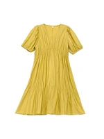 2022 new fashion loose pleated women yellow solid dress french style v neck summer clothes for women puff sleeve