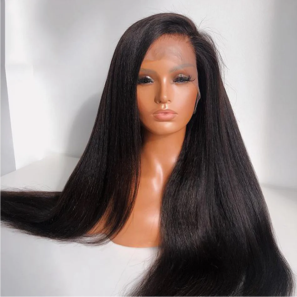 

Натуральный черный мягкий 26 дюймов 200 плотность длинный курчавый Yaki прямой глубокий кружевной передний парик для африканских женщин с BabyHair термостойкий
