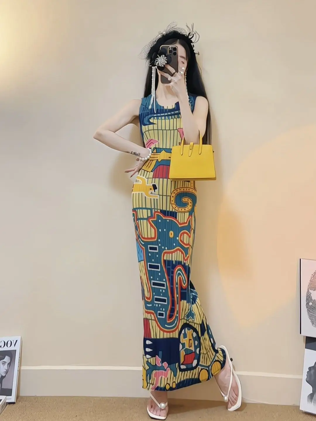 Женское прямое платье без рукавов Летнее Длинное плиссированное в складку