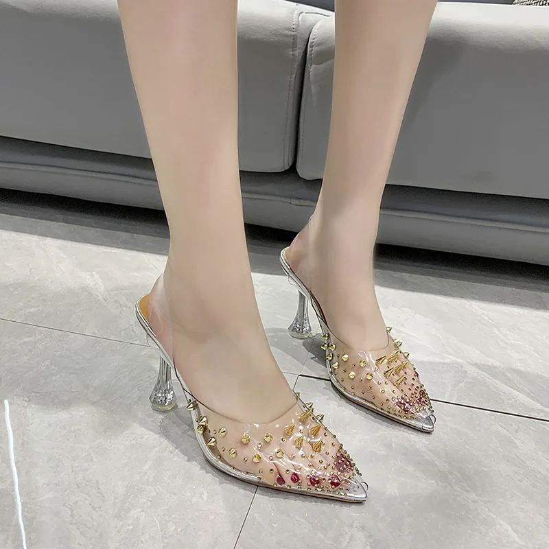 

Point Metal Rivets Transparent Sandals Women Slip on Back Strap High Heels Party Shoes Woman Peep Toe Studded Sandalias Mujer