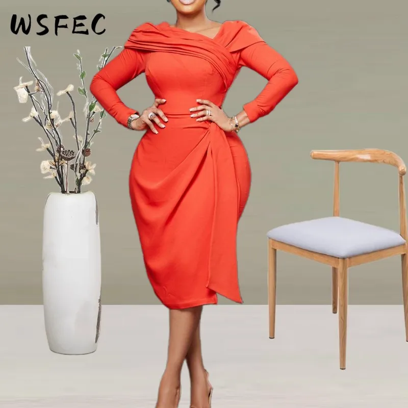 

S-3XL 2022 Fall Outfits Fashion Elegant Long Sleeve Irregular Diagonal Collar Fold Pencil Evening Dresses for Women Clothing