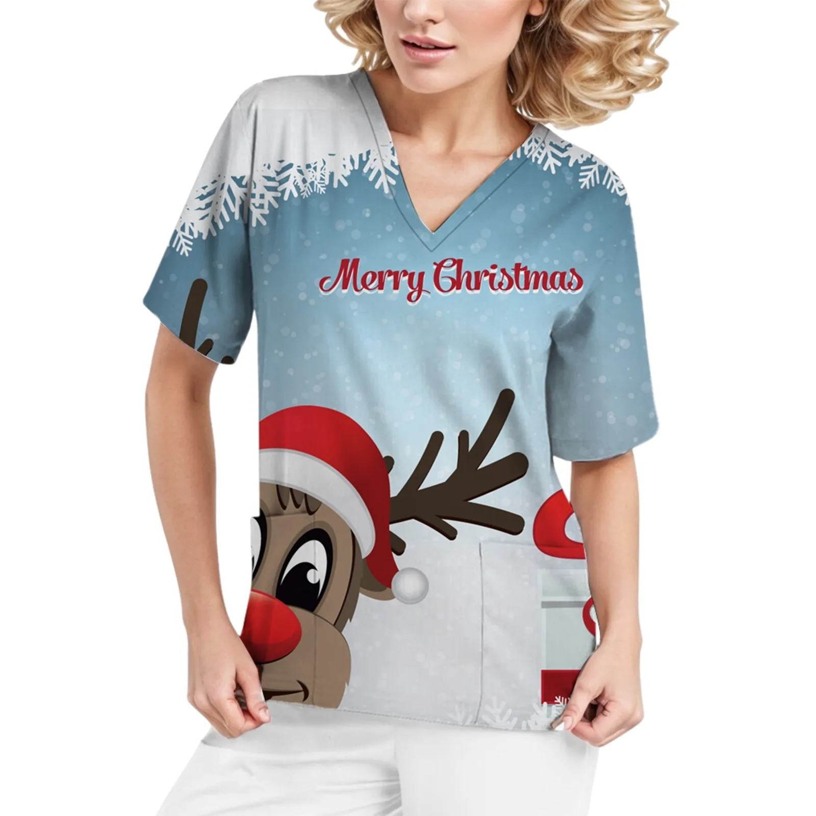 

Christmas Deer Print Scrubs Top Short Medical Uniforms Women Pocket Nursing Scrubs Blouse Pet Care Work Shirt camisa enfermagem