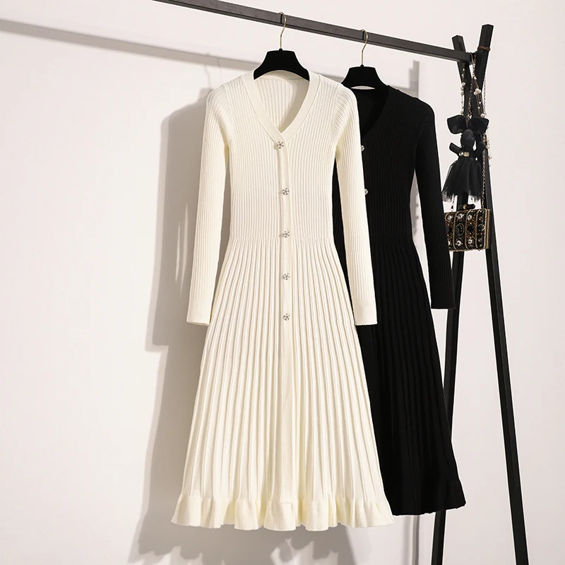 Женское однотонное вязаное платье с V-образным вырезом и длинным рукавом