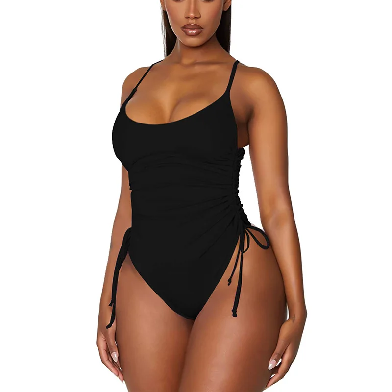 

Sexy Ruched One-piece Swimsuit New Solid Swimwear Spaghetti straps Women's Bathing Suit Bodysuit Swimming Suit For Women