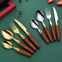 stainless steel wooden handle western tableware set steak knife fork spoon teaspoon sapele portable cutlery set kitchen supplies