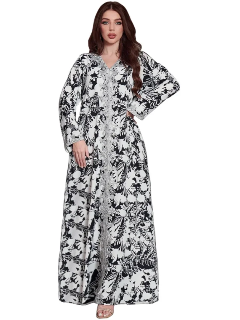 Eid Abaya for Women Muslim Dress Morocco Print V Neck Kaftan Evening Dresses Woman Dubai Turkey Islam Robe Femme Vestidos Caftan