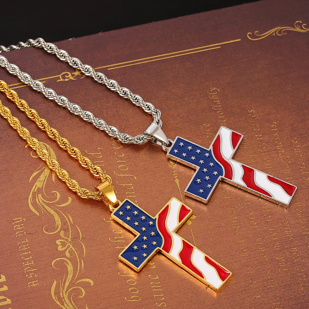 

Goth Vintage American Flag Necklace Cross Pendant For Women Trend Star Print Heart Cuban Link Chain Bow Party Jewelry Wholesale