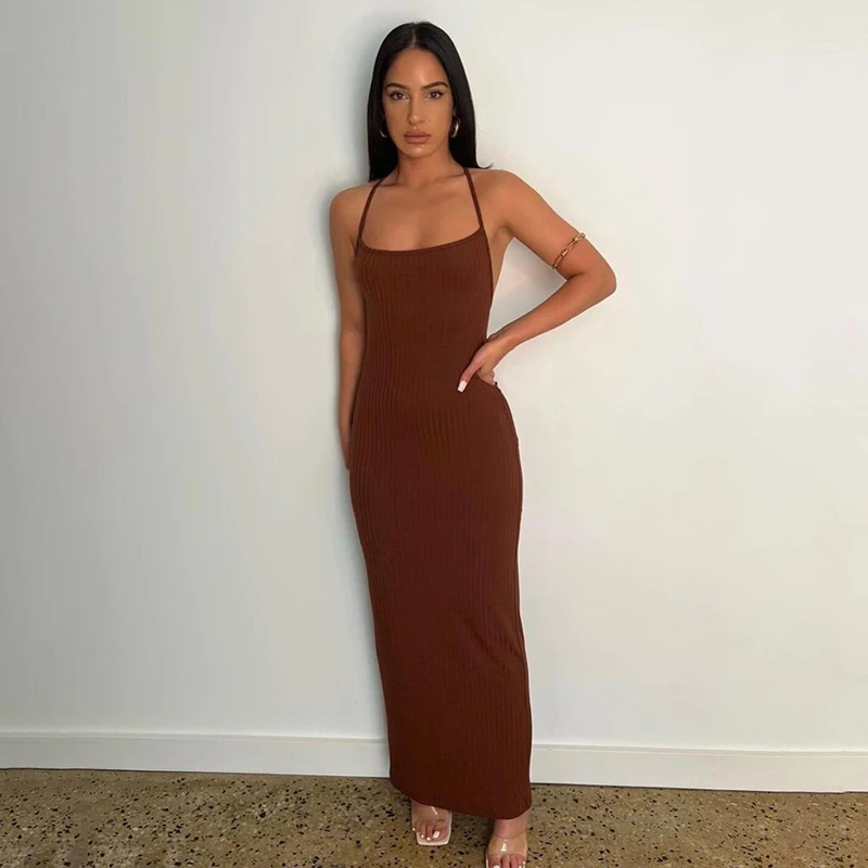 

Spaghetti Strap Ribbed Maxi Dress For Women Y2K Summer Casual One Shoulder Backless Short Sleeve Bodycon Elegant Party Vestido