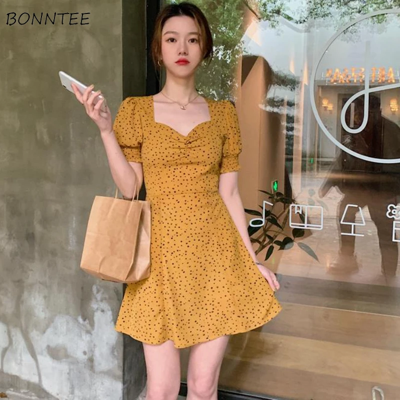 

Floral Dresses Women Temperament Square Collar Sexy Vintage Retro Cozy High Waist Simple Mini Summer French Style Ladies Elegant