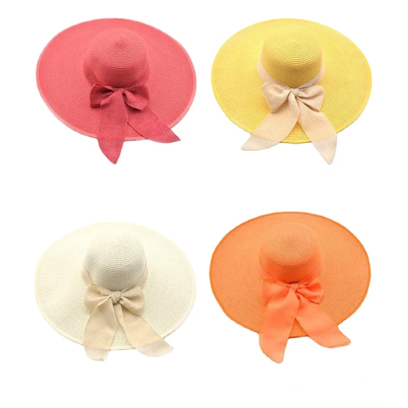 

Women Straw Hat Bowknot Wide Brim Floppy Panama Hats Female Lady Outdoor Foldable Beach Sun Cap purple hat