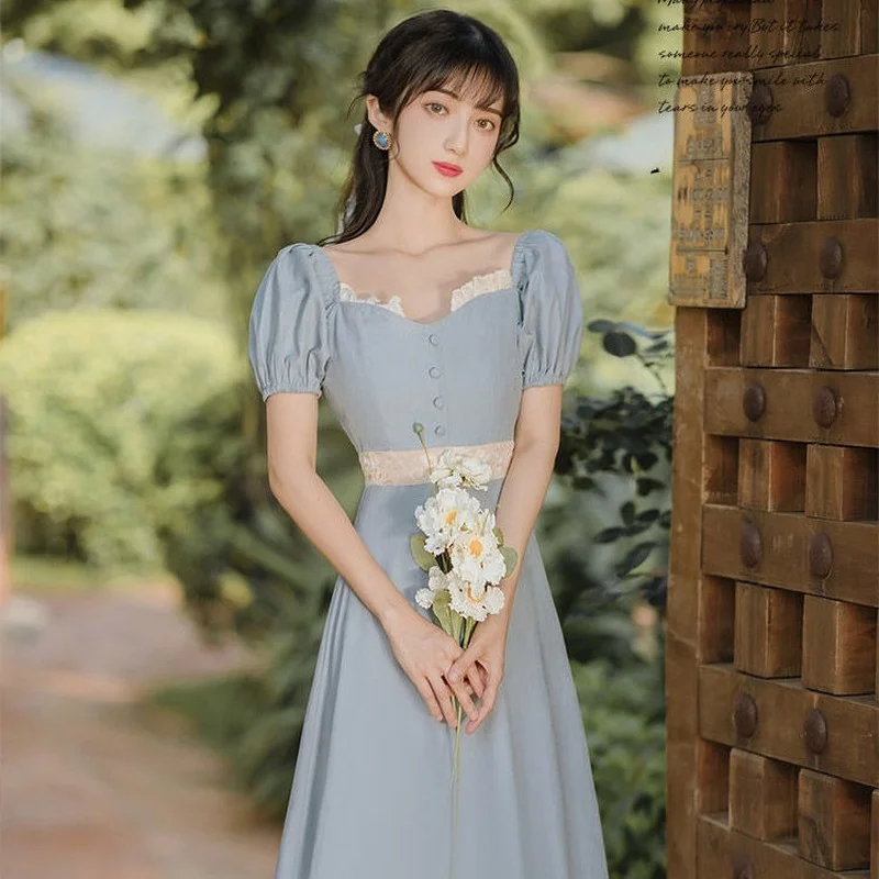 

Summer Chiffon Fairy Dress Women Cottagecore Puff Sleeve Slim Waist Hollow Out Short Sleeve Dress French Retro Sweet Cute Dress