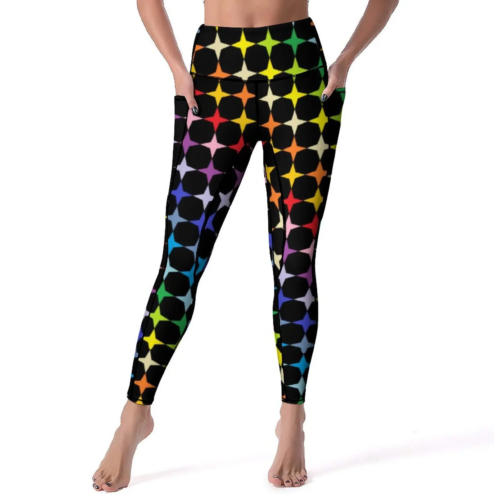 

Abstract Stars Leggings Sexy Rainbow Print Fitness Gym Yoga Pants Push Up Stretchy Sports Tights Pockets Casual Graphic Leggins