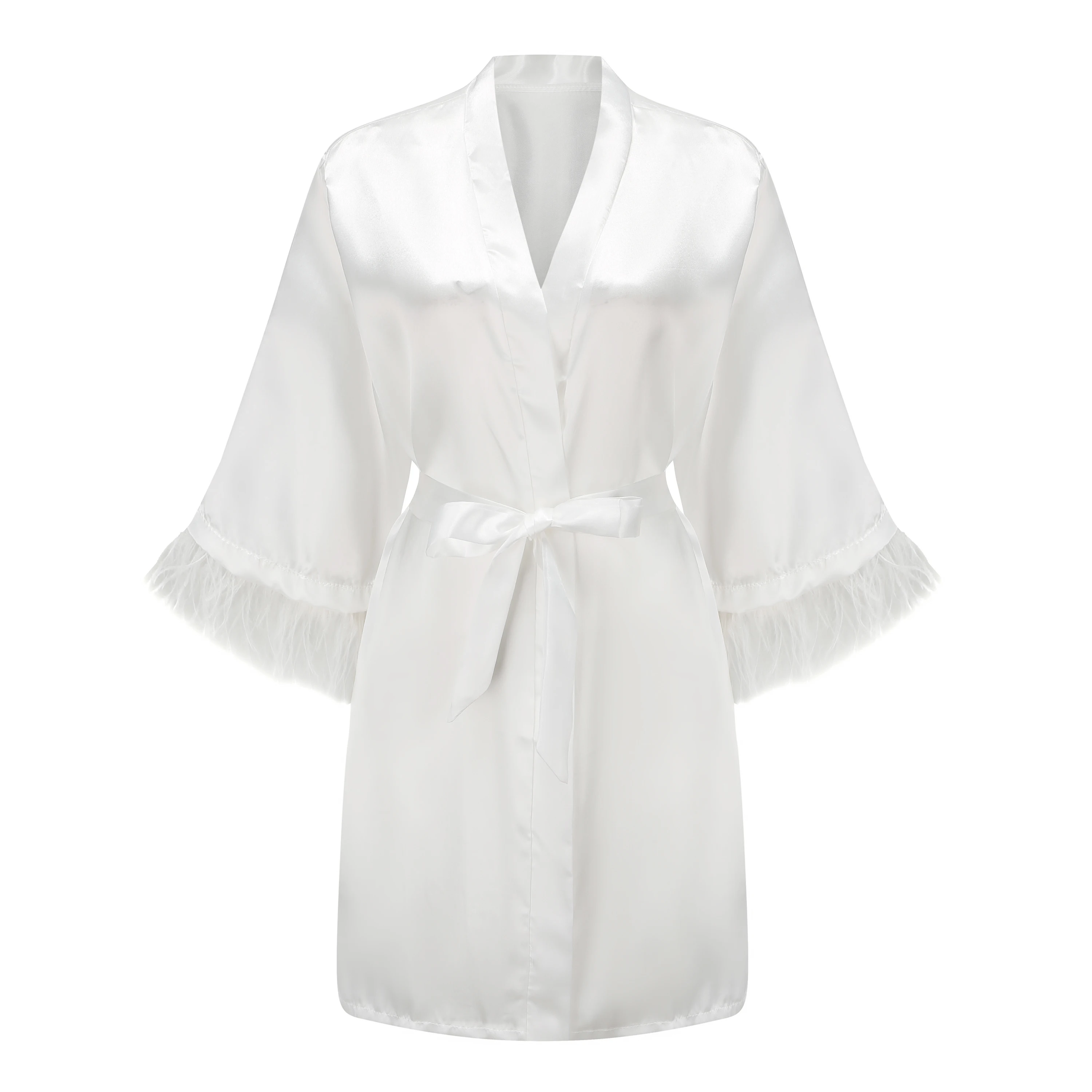 Халат женский атласный с перьями белая Пижама мехом длинными рукавами ночная