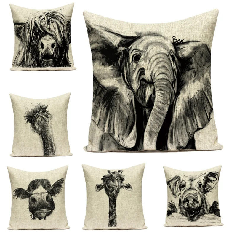 

Animal Pillow Cover Printed 45x45cm Sofa Elephant Retro Creative Decorative Gift Hand-painted Cushion Cover Painting Simple F136