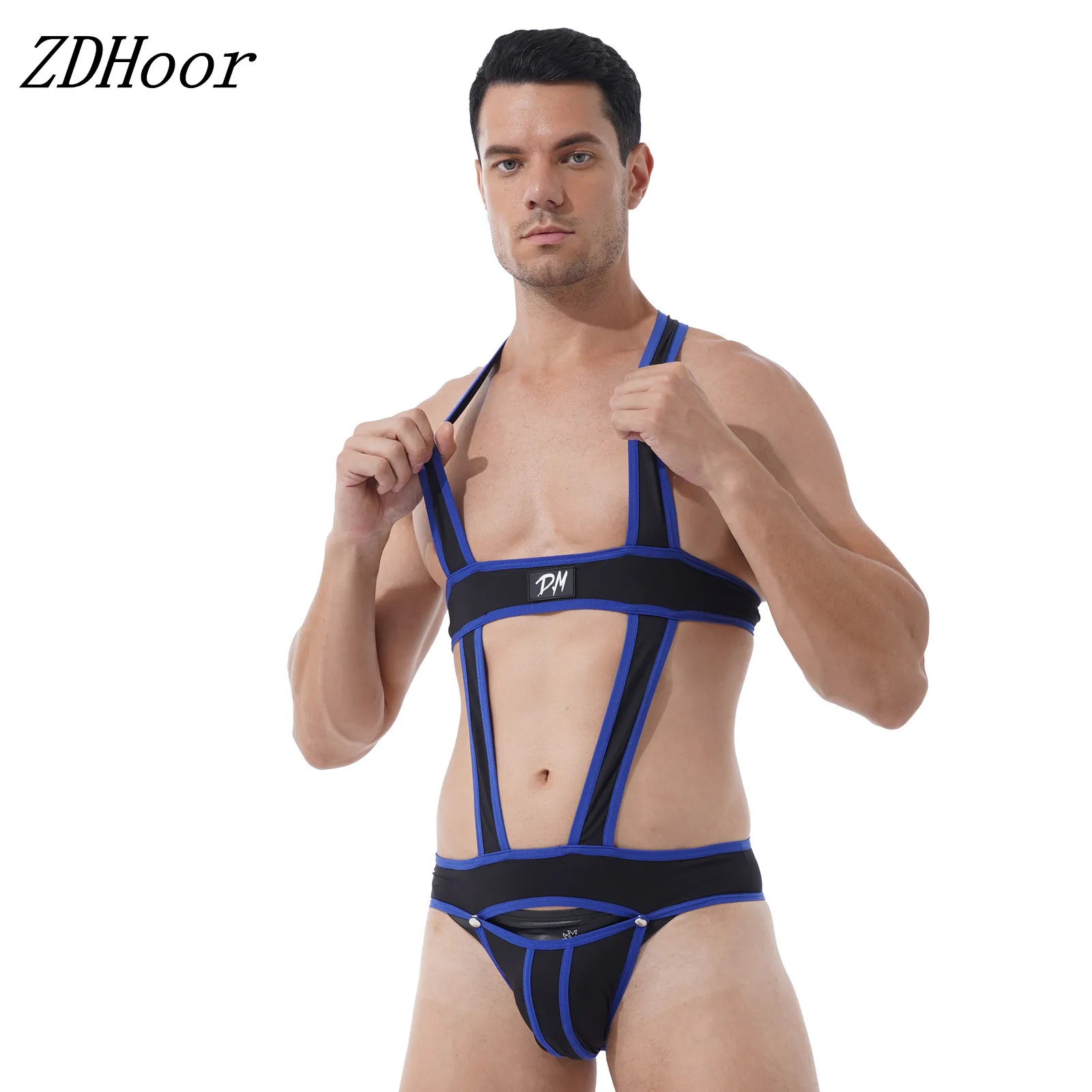 

Mens Hollow Out One-piece Jockstrap Leotard Wrestling Singlet Contrast Color Bulge Pouch Bodysuit