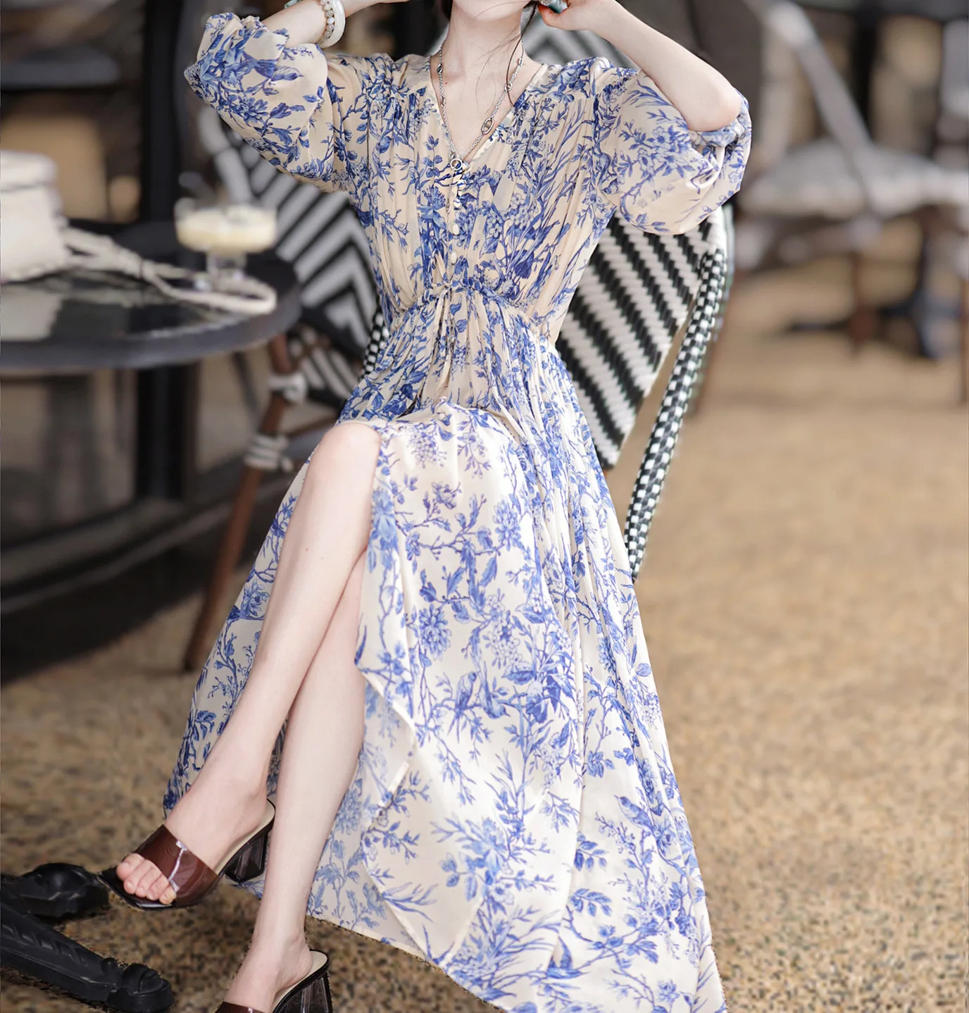 

2024 B Fashion Bohemian Print High Waist Dresses Floral Ladies Beach Style Vacation Bubble Short Sleeve Gown Casual Women Dressy