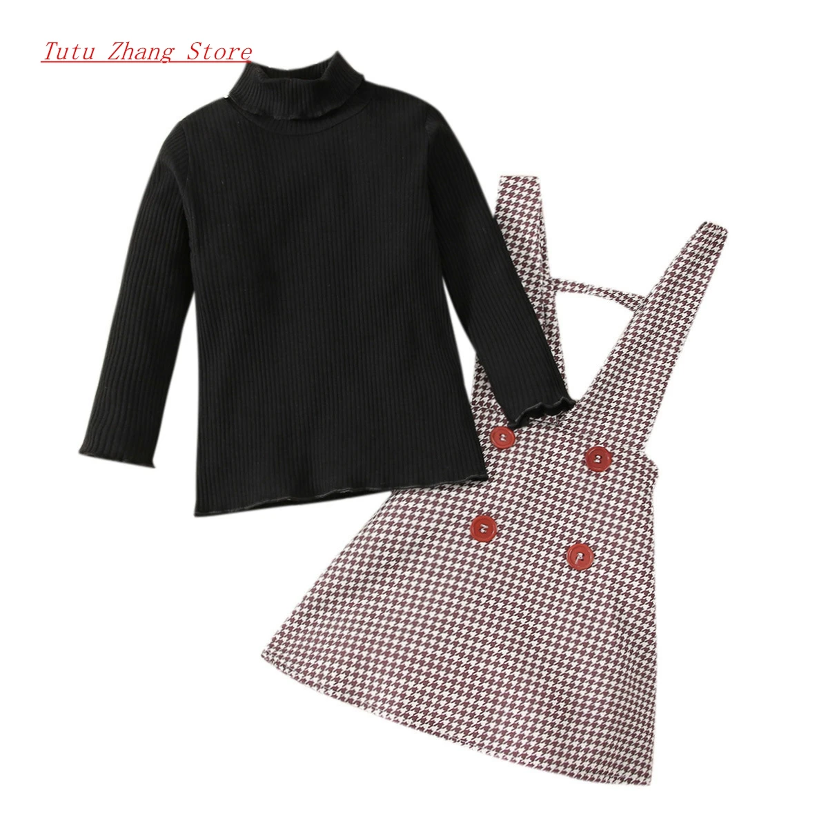 

4 5 Years Girls Autumn Fashion Clothes Set 2PCS Suit Solid Turtleneck Sweater Tops+Plaid Suspender Skirt Kids Sets Girls Clothes