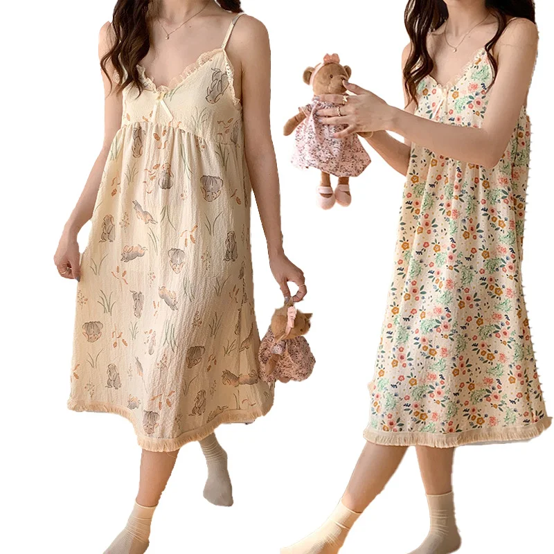 

Summer Little Fresh Sweet Printed Bubble Cotton Pajamas Detachable Breast Cushion Sexy Halter Women's Nightdress Nightgown