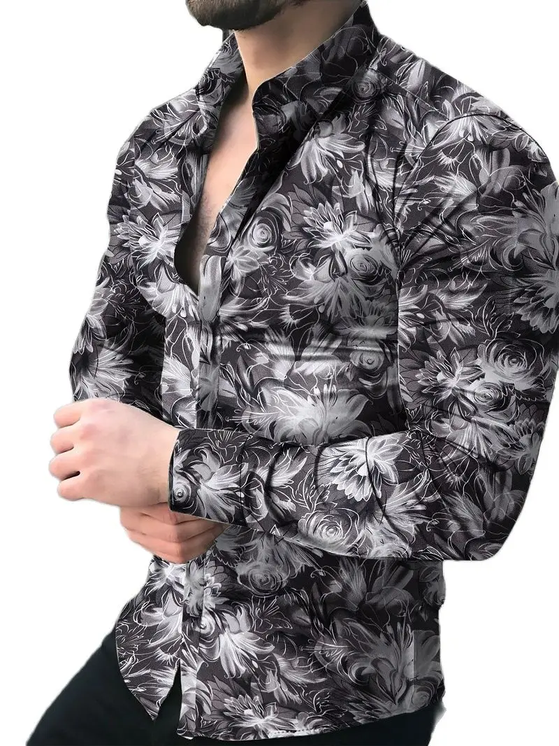 

Men's Shirt Long Sleeve Hawaiian Social Luxury Button Up Cardigan Blouses Wholesale 2021Single Breasted Turn-down Collar Broad