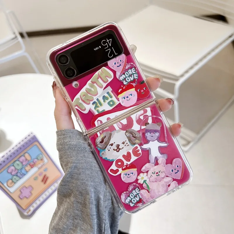 Colorful English Graffiti Cat Dog Phone Case for Samsung Galaxy Z Flip 4 3 Hard Cover for ZFlip3 Zflip4 Solid Shell Bracket