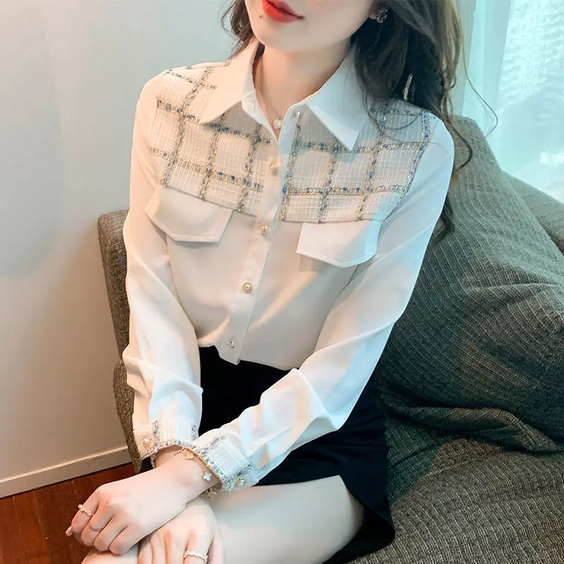 

Fashion Elegant Women's Bright Silk Spliced Shirt Korean Casual Chic Long Sleeve Button Chiffon Blouses Autumn Female Clothing