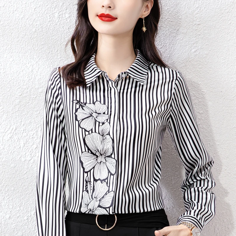 

Summer Print Women's Blouses Stripe Lapel Shirt Casual Fashion Loose New Spring Long Sleeve Top Houthion