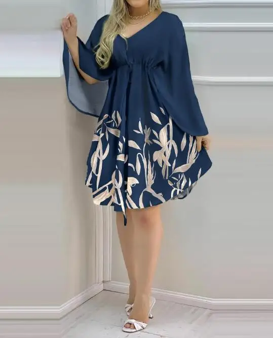 

Elegant Women's Dress Spring Summer 2023 New Fashion Trumpet Sleeve V-Neck Print Waist Long-Sleeved Dress Loose Casual Dress