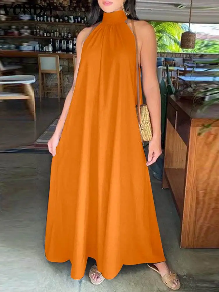 

Платье-макси VONDA женское летнее ТРАПЕЦИЕВИДНОЕ, элегантный сарафан с лямкой на шее, без рукавов, однотонное вечернее из полиэстера, оверсайз