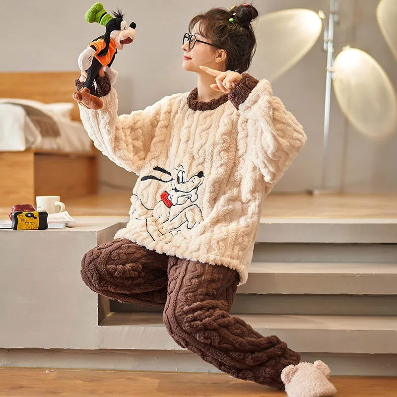 Women Sleepwear Coral Fleece Winter Pajamas Loose Version Inspissate Flannel Pullover Plus Size Cartoon Plush Pajama Set